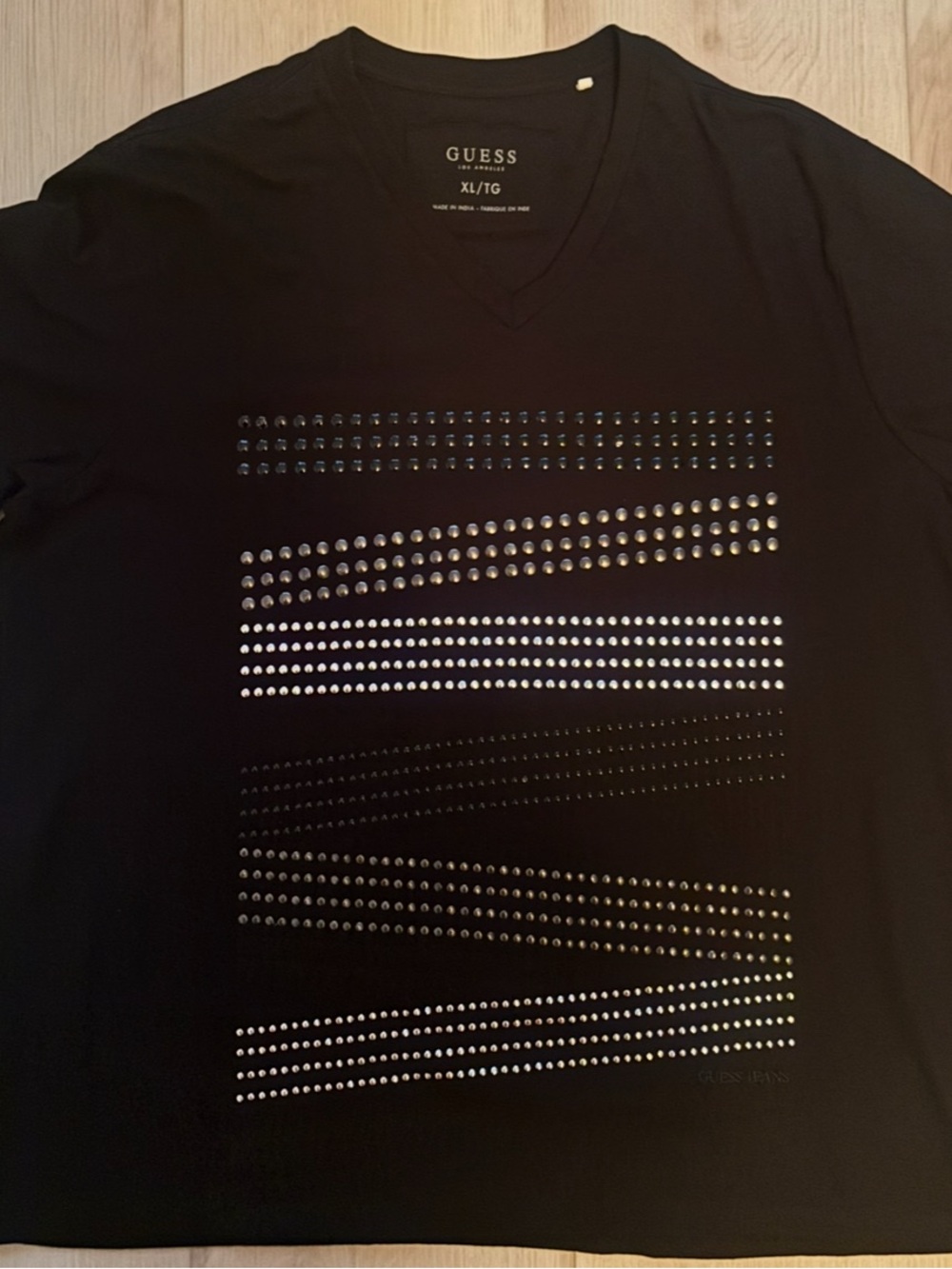 Guess Black V-Neck Tee with Silver Studded Stripe Pattern